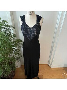 VTG 1940's ELYSEE Black and Navy Rayon and Lace Long Nightgown